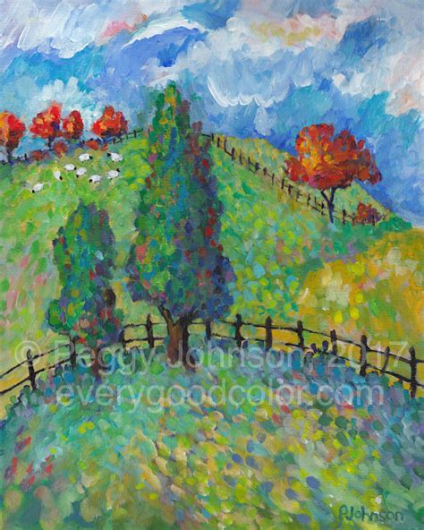 Joyful Rolling Hills Trees Fence Country Hillside Impressionistic