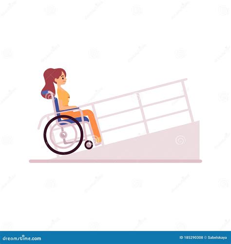 Smiling Handicapped Woman In Wheelchair Driving On Ramp Flat Cartoon