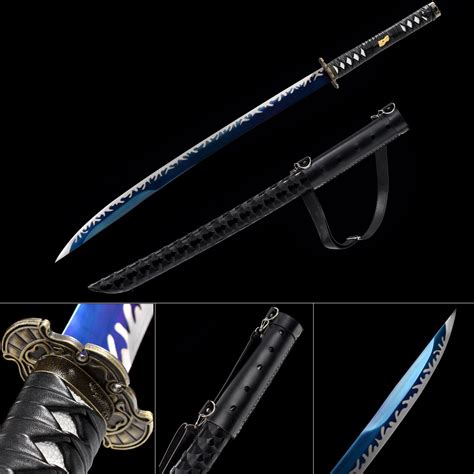 Handmade High Manganese Steel Blue Blade Leather Saya Real Japanese