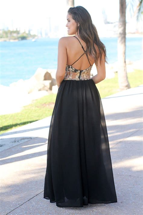 Black And Gold Maxi Dress With Criss Cross Back Maxi Dressesn