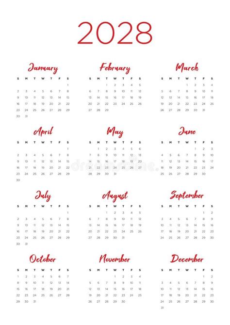 Calendar 2028 Template Vector Simple Minimal Design Planner 2028 Year