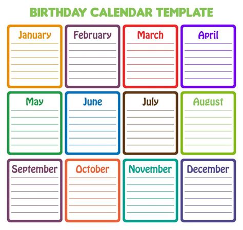 A Birthday Calendar With Months And Dates