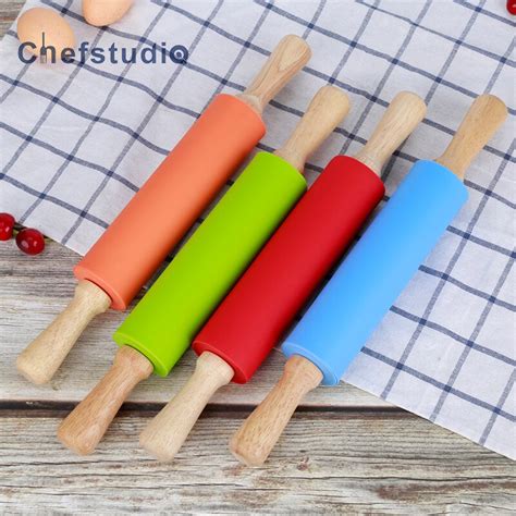 4 Colors Kitchen Silicone Rolling Pin Long Wooden Handle Baking Tools Rolling Pin Fondant Cake