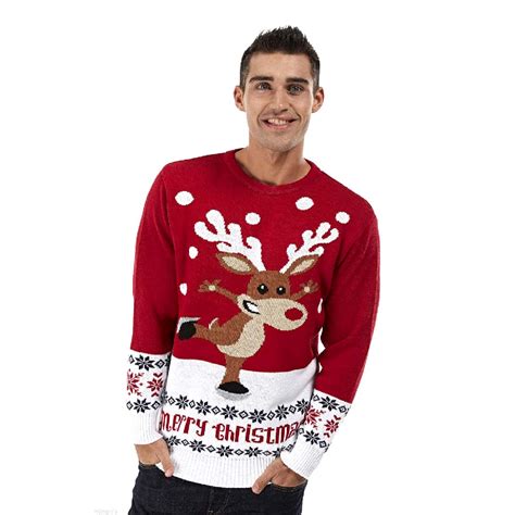 red ugly christmas sweater with skating reindeer ugly christmas sweaters