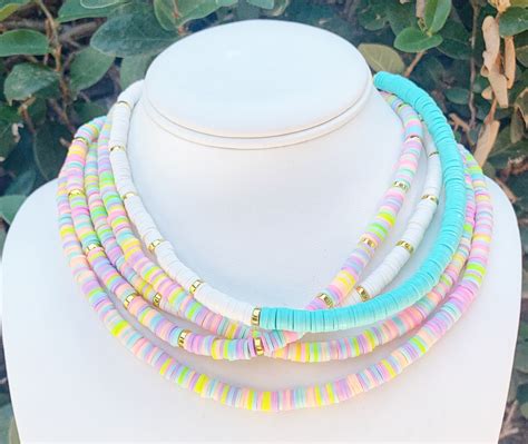 Heishi Beads Necklace Polymer Clay Necklace Colorful Beaded Etsy