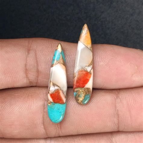 X Mm Spiny Oyster Copper Turquoise Pear Shape Smooth Cabochon Pair
