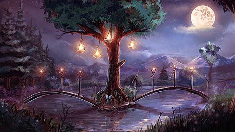 Download Tree Night Moon Full Moon Fantasy Landscape Hd Wallpaper
