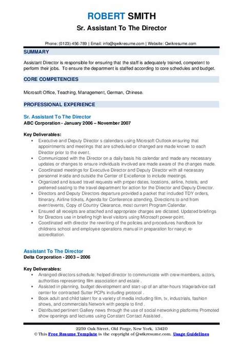 Assistant To The Director Resume Samples Qwikresume