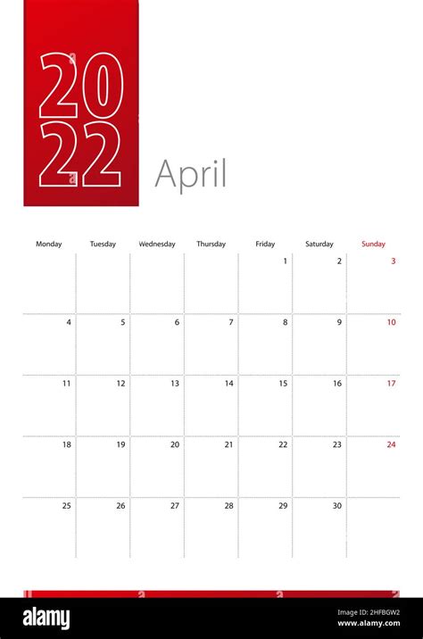 April 2022 Calendar Design Week Starts On Monday Vertical 2022
