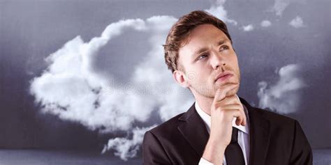 Composite Image Of Young Businessman Thinking With Hand On Chin Stock