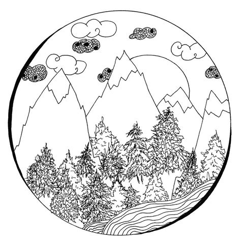 A Black And White Drawing Of Mountains With Trees