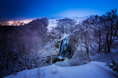 France Auvergne Winter Snow Mountain River Waterfall Tree