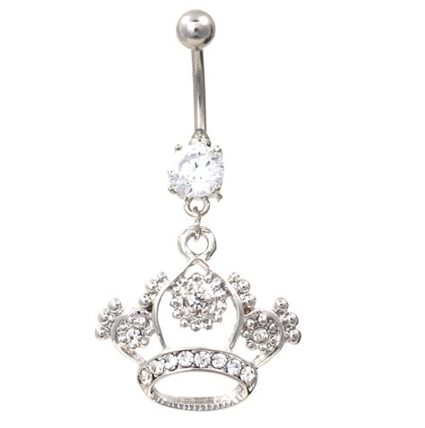 Elegant Clear Gem Crown Dangle Belly Button Ring Girly Princess Navelpiercing