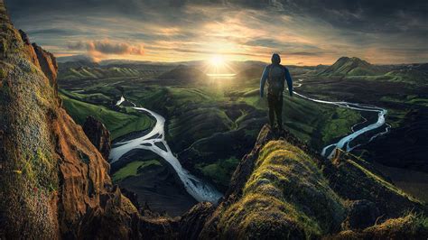 Men Nature Landscape Mountains Clouds Iceland River Sun Rays
