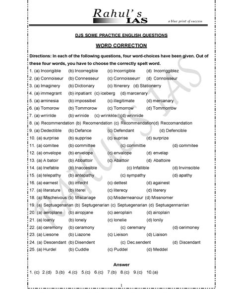 English Practice Mcq Ra H U L S A Blue Print Of Success Djs Some Practice English Questions