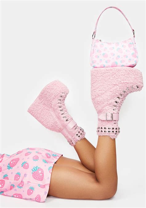 Sugar Thrillz Sherpa Wedge Platform Boots Pink Dolls Kill