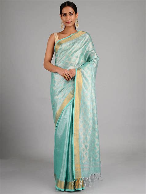 Buy Turquoise Linen Tissue Saree With Zari Online At