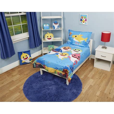 Set includes a reversible comforter, fitted sheet, flat sheet, and pillowcase. Baby Shark 4-Piece Toddler Bedding Set - Walmart.com ...