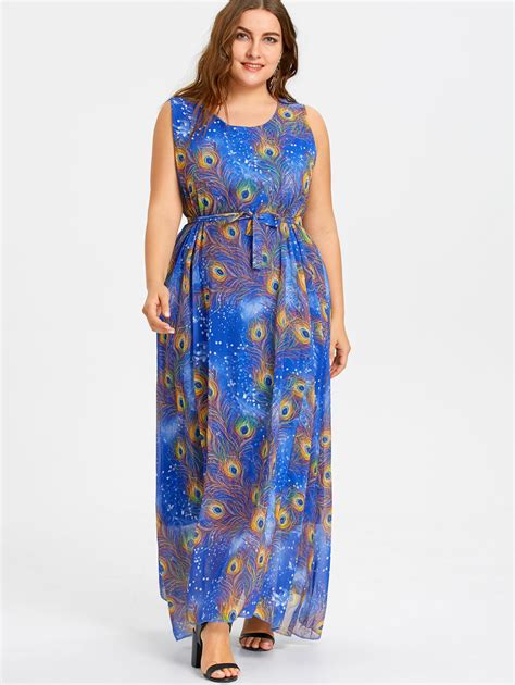 Plus Size Peacock Feather Print Maxi Chiffon Dress Women 2019 Summer Sleeveless Dresses Casual