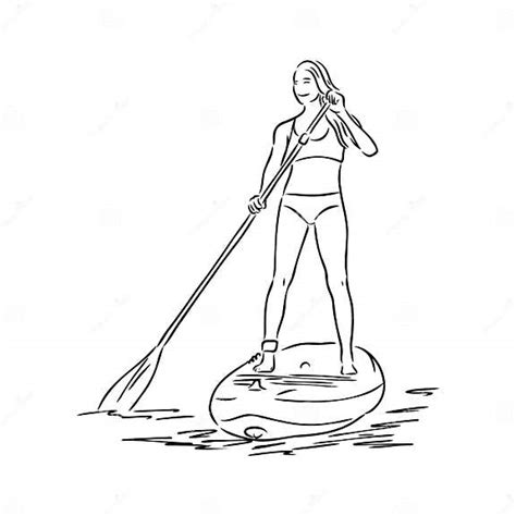 Stand Up Paddle Surfing Boarding Single Female Surfer With Paddle Surfrider Girl On Board