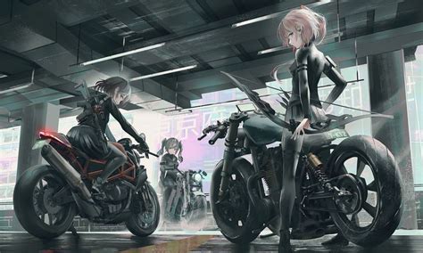 two anime characters on motorcycles in a parking garage with other people standing around the
