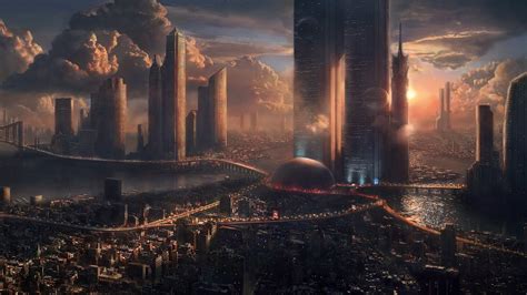 Science Fiction Futuristic City City Clouds Sky Digital Art