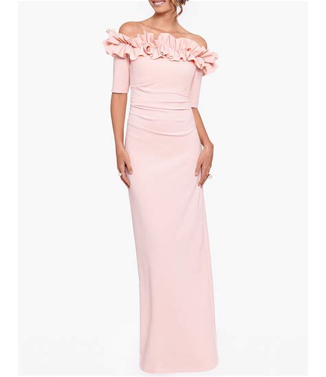 Xscape Ruffle Off The Shoulder Short Elbow Sleeve Column Back Slit Ruched Crepe Gown Dillard S