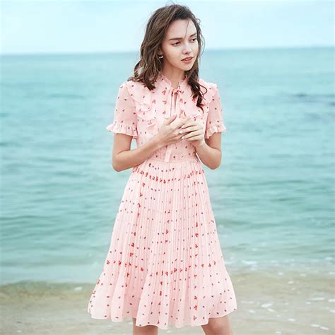 Spring Summer Cute Pastel Pink Pleated Floral Dress For Women Elegant