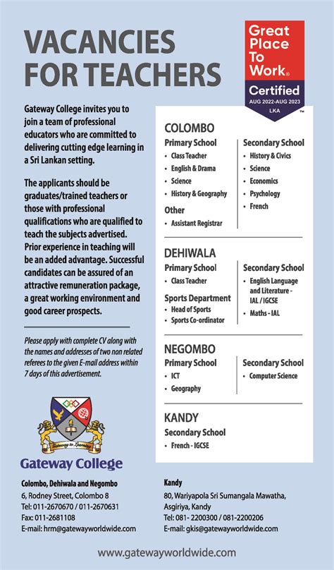 Vacancies for Teachers - Gateway College