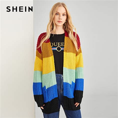 Shein Multicolor Cut And Sew Open Placket Sweater Coat Preppy Pocket