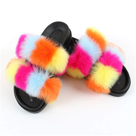 Women Colorful Plush Slippers Rubber Soles Double Strap Slides Flat