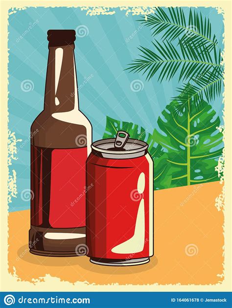 Beer Bottle And Can Over Retro Tropical Leaves Poster Stock Vector