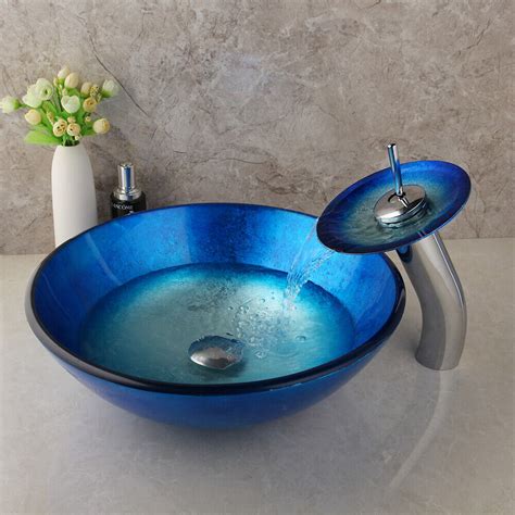 us bathroom round vessel sink drain mixer faucet glass bowl basin vanity combo ebay