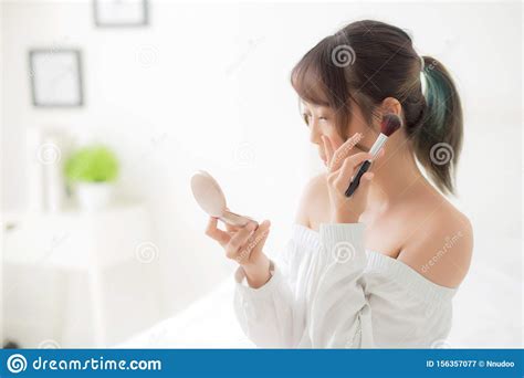 Beauty Portrait Young Asian Woman Smiling With Face Looking Mirror