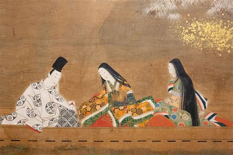 Japanese Six Panel Screen Glorious Painting Of Lady Murasaki On Lake Biwa