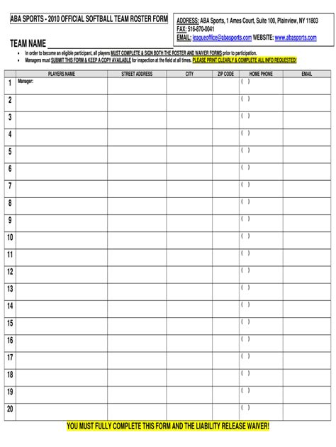 Softball Roster Forms Fill Out And Sign Printable Pdf Template Signnow