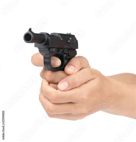 Hand Holding Gun With Two Hands Isolated On White Background Stock
