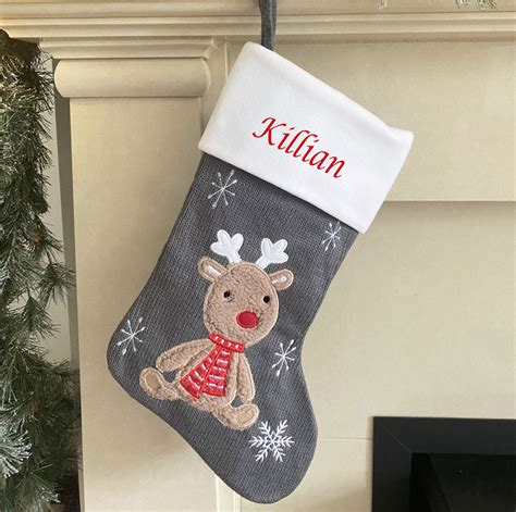 Baby Reindeer Grey Christmas Stocking40x20cm The Embroidery Hut