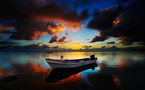 Wallpaper Perahu Matahari Terbenam Laut Teluk Refleksi Langit