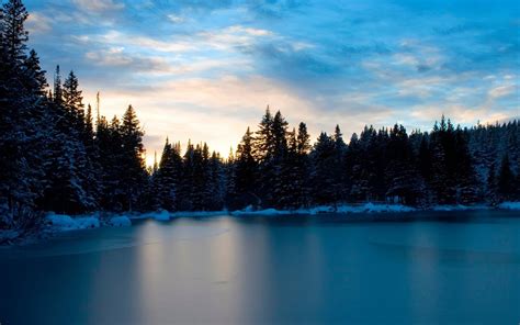 Nature Lake Ice Snow Sunset Trees Forest Clouds
