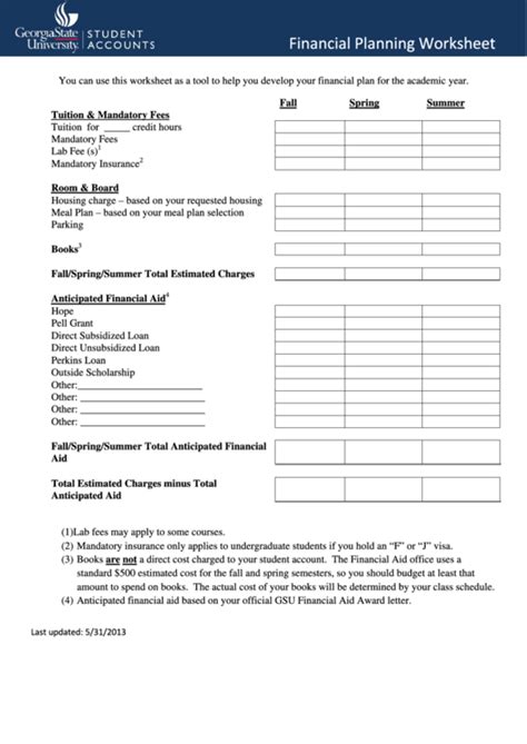 financial planning worksheet printable