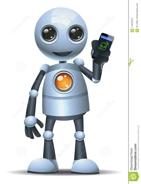 Little Robot Hold Mobile Phone For Calling Stock Vector Illustration