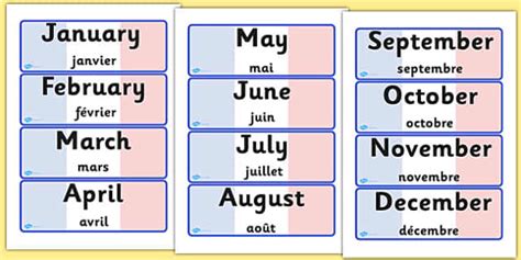 French Months Of The Year Word Cards English Translation