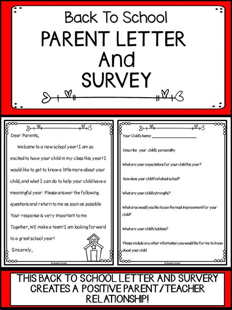 Back To School Parent Letter And Survey Letter To Parents Letter To