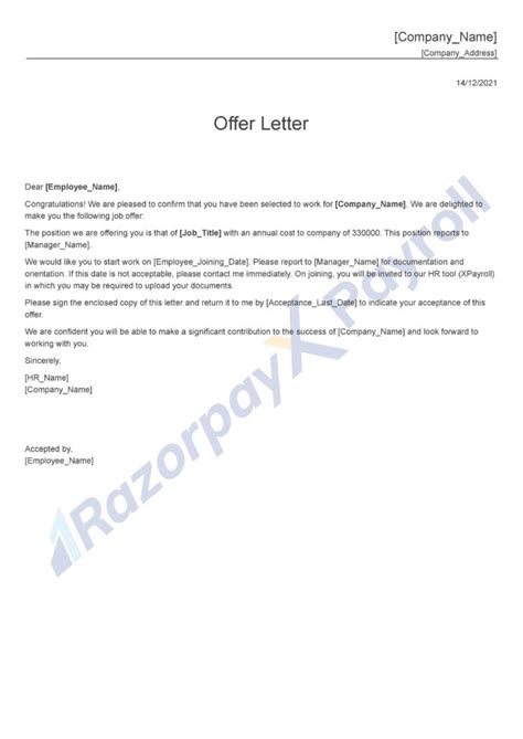 Job Offer Letter Elements And 6 Free Templates Razorpay Payroll