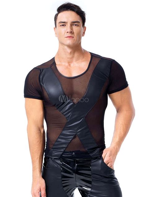 Men Sexy Costume Sheer Stripper Costume PU Leather Night Club T Shirt Tops Milanoo Com