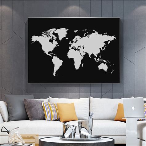 Abstract Black And White World Map Paintings On Canvas Modern Map