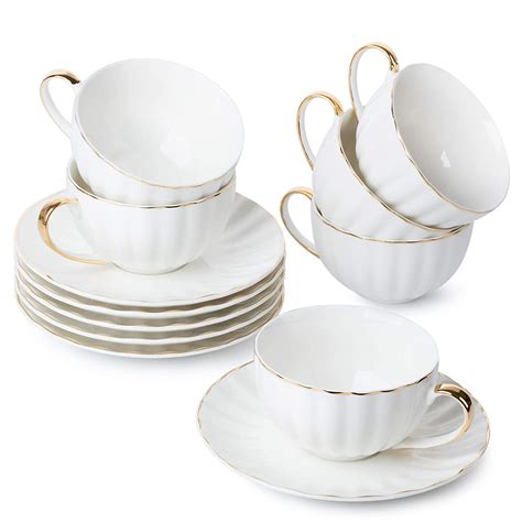 Buy BTäT Tea Cups and Saucers Set of 6 7 oz with Gold Trim and Gift