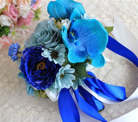 Janevini Royal Blue Wedding Bouquets 2018 Artificial Roses Wedding