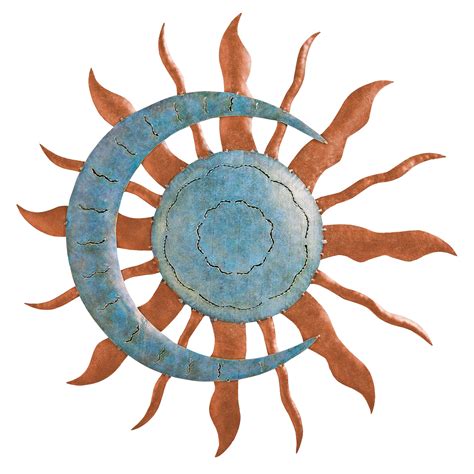 Handcrafted Blue And Copper Colored Recycled Metal Moon And Sun Wall Art Vivaterra
